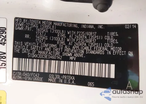 2014 Toyota Sienna Le V6 8 Passenger from USA, damaged, VIN 5TDKK3DC9ES460142